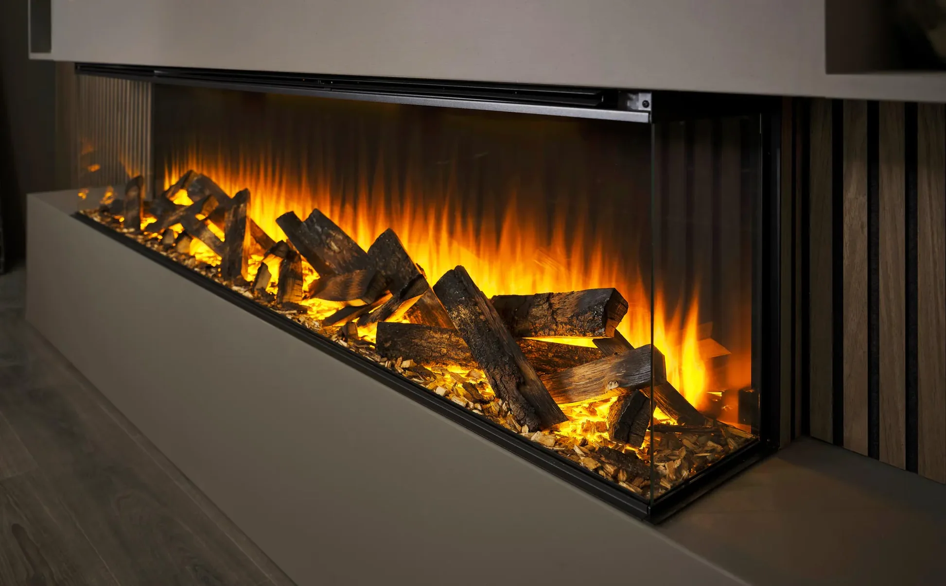 Close-up fireplace and finish detail featured in the Pro Media Walls Instagram grid