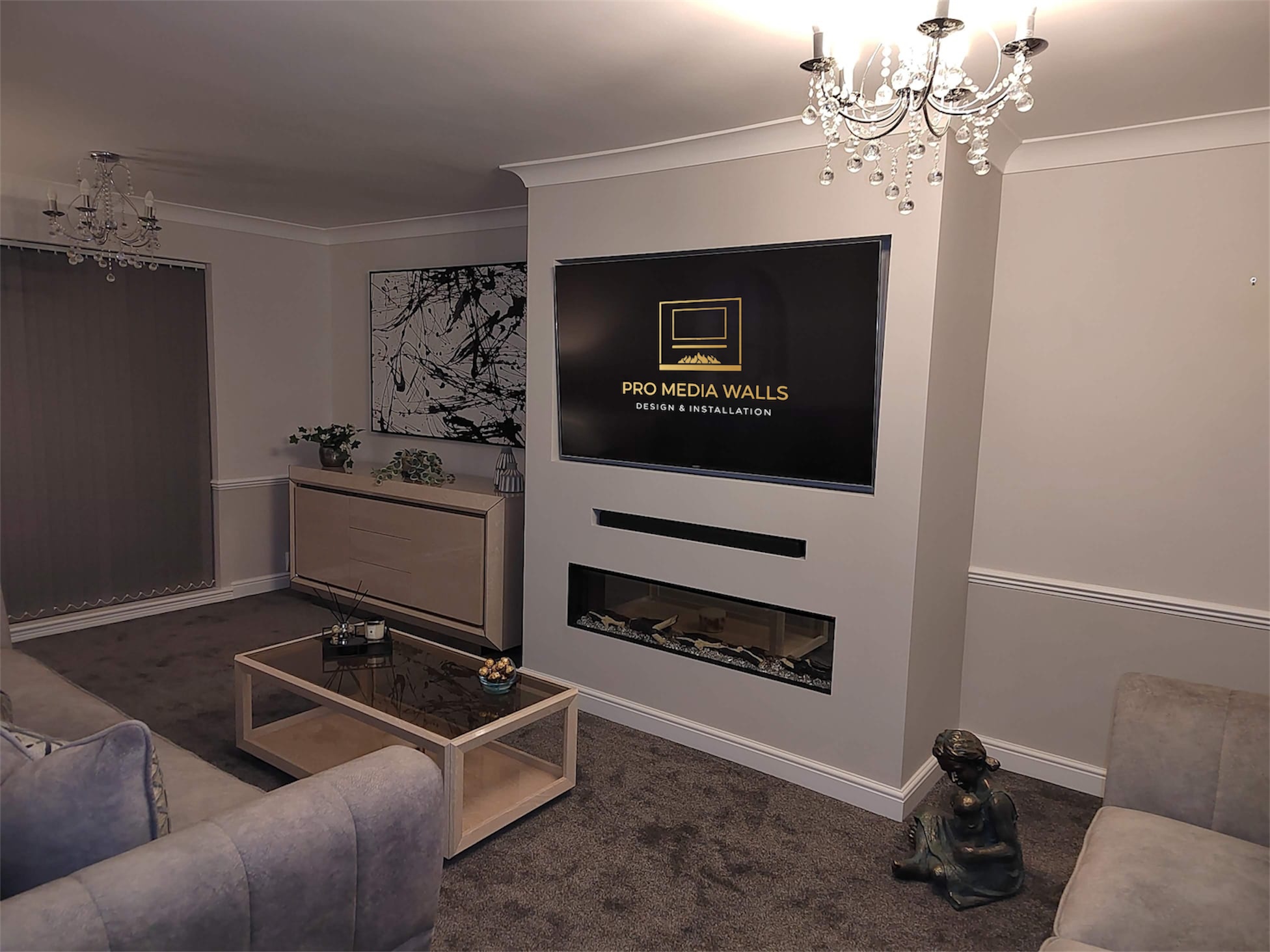 Slatted media wall with practical shelving and dark interior styling